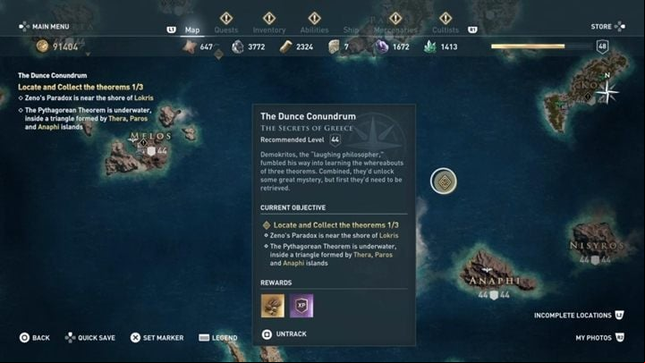 The next item is found north from Thera island - AC Odyssey: Achaia, Side Quests - Side Quests - Assassins Creed Odyssey Guide