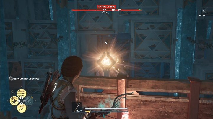 Start by destroying the torches which are located in the center of the room - AC Odyssey Fate of Atlantis: Archive of Hebe, Archives - Archives - Assassins Creed Odyssey Guide