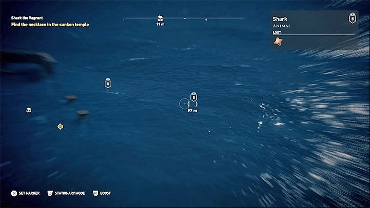 You can determine the location of sharks before entering the water by helping yourself with Icaros - AC Odyssey: How to eliminate sharks? - FAQ - Assassins Creed Odyssey Guide