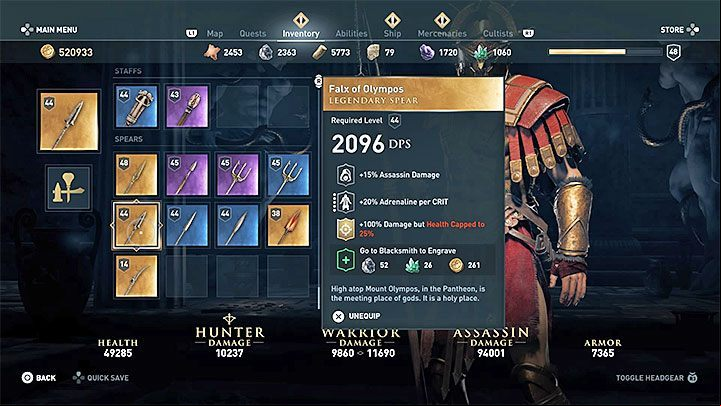 The legendary Falx of Olympos spear that can be found in one of the more distant areas of the game world is quite similar to a cursed weapon - AC Odyssey: Are there cursed weapons? - FAQ - Assassins Creed Odyssey Guide