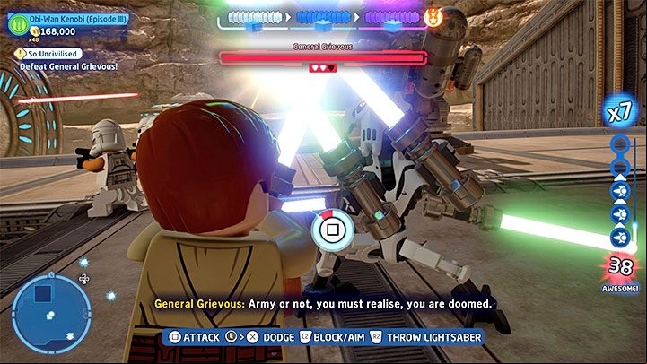 While fighting Grievous you'll sometimes have to overpower him during blade locks and outmaneuver him during fencing sequences - this happens each time you deplete one of his health bars - LEGO Skywalker Saga: So Uncivilized - walkthrough - Episode 3 - Revenge of the Sith - LEGO Skywalker Saga Guide