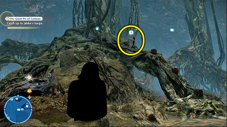 You have to jump over the protruding small trunks to reach the Wookiee shown in the screenshot, standing at the base of one of the big trees - LEGO Skywalker Saga: Wheres the Wookiee? - list of all (part 1) - Challenges - LEGO Skywalker Saga Guide