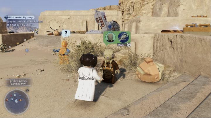 After landing on Tatooine, talk to the questgiver found next to your ship - LEGO Skywalker Saga: Mist Hunter Mystery - walkthrough - Bespin - City in the Clouds - LEGO Skywalker Saga Guide